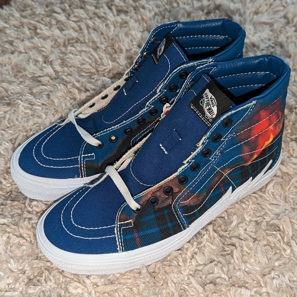 NEW Unisex Vans UA SK8-Hi Bolt Big Reveal Navy Blue Flame Sneaker Shoes High Top